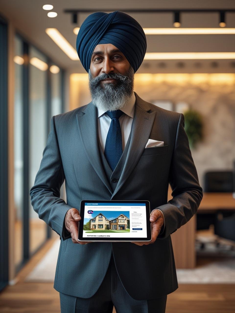 older indian sikh man in suit working for a estate agency